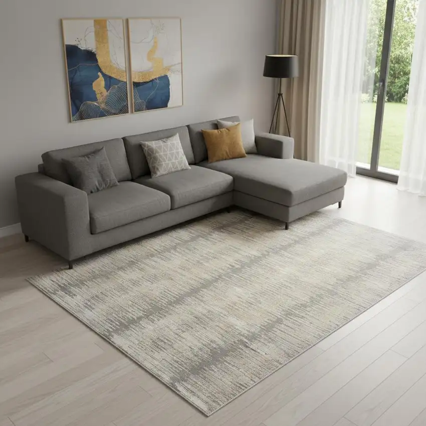 Gray And Gold Abstract Area Rug With Fringe Photo 1