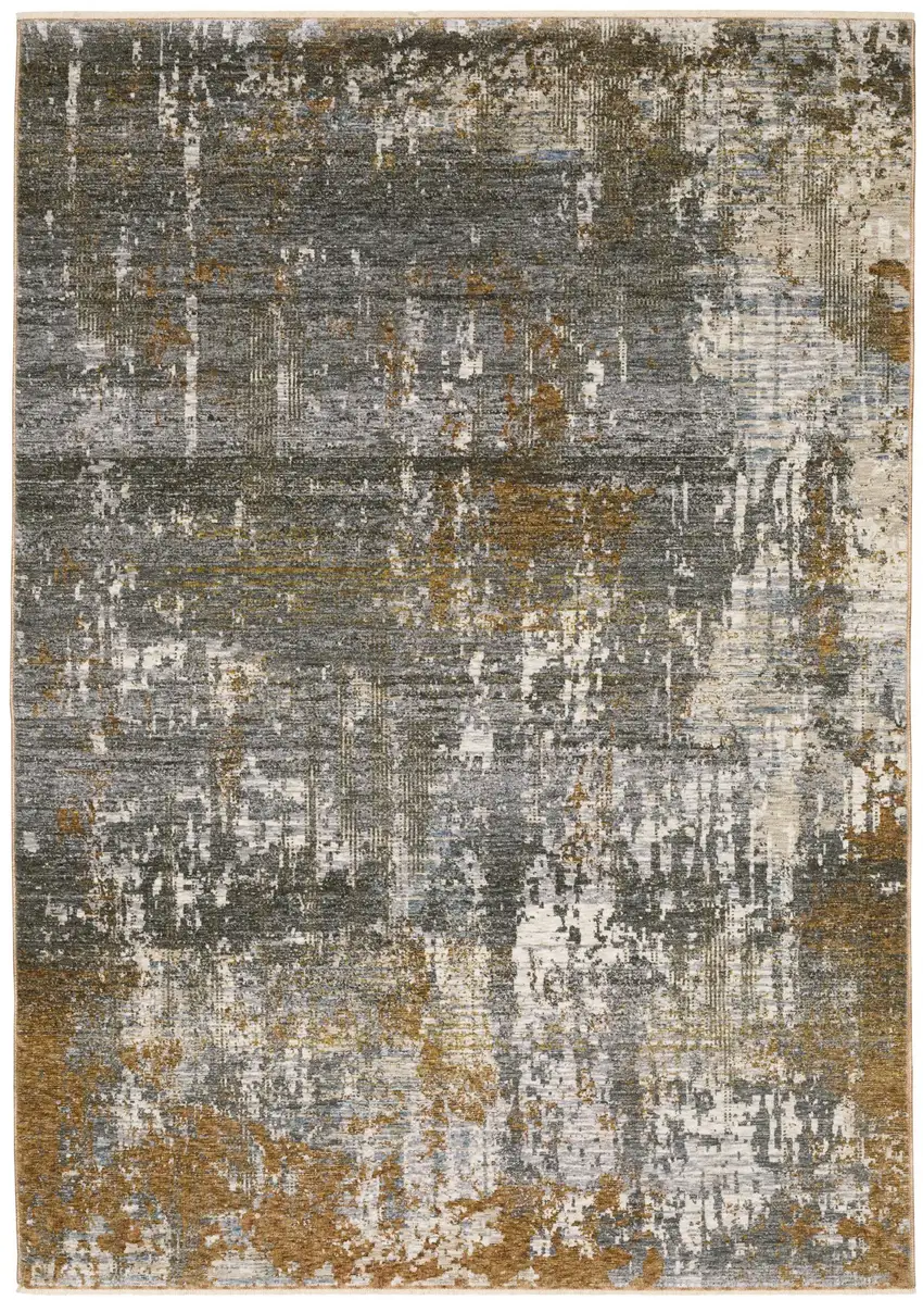Gray And Gold Abstract Area Rug With Fringe Photo 2