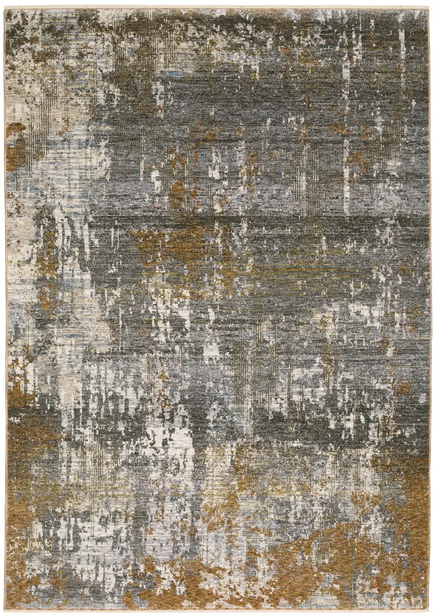 Gray And Gold Abstract Area Rug With Fringe Photo 5