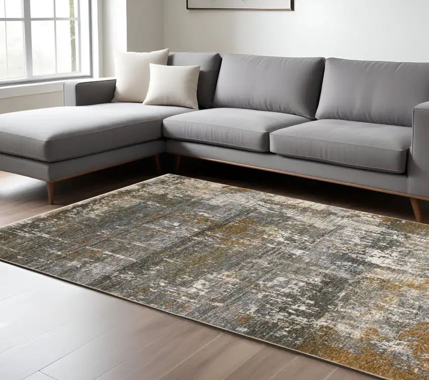 Gray And Gold Abstract Area Rug With Fringe Photo 1