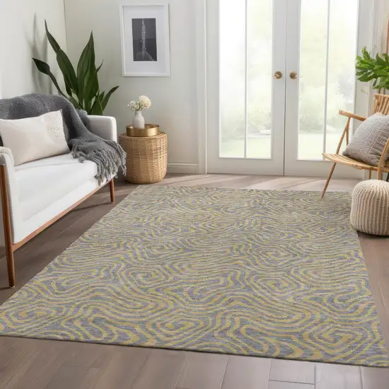 Gray And Gold Abstract Washable Area Rug With UV Protection Photo 5