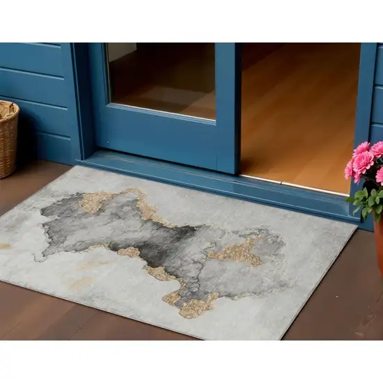 Gray And Gold Abstract Washable Indoor Outdoor Area Rug Photo 2