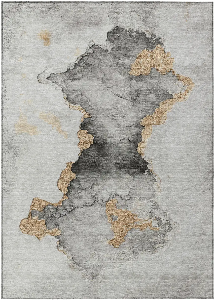 Gray And Gold Abstract Washable Indoor Outdoor Area Rug Photo 1