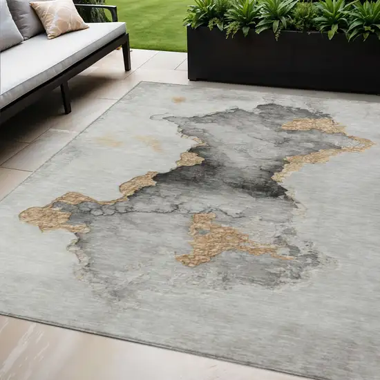 Gray And Gold Abstract Washable Indoor Outdoor Area Rug Photo 2