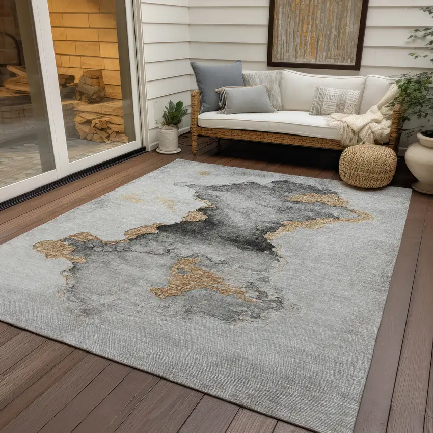 Gray And Gold Abstract Washable Indoor Outdoor Area Rug Photo 6