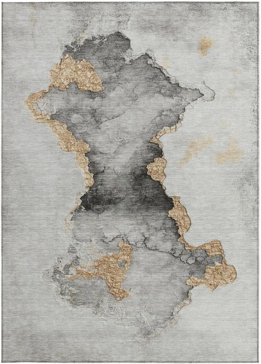 Gray And Gold Abstract Washable Indoor Outdoor Area Rug Photo 4
