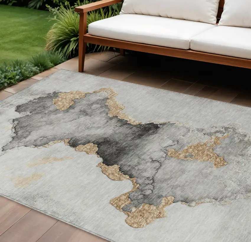 Gray And Gold Abstract Washable Indoor Outdoor Area Rug Photo 2