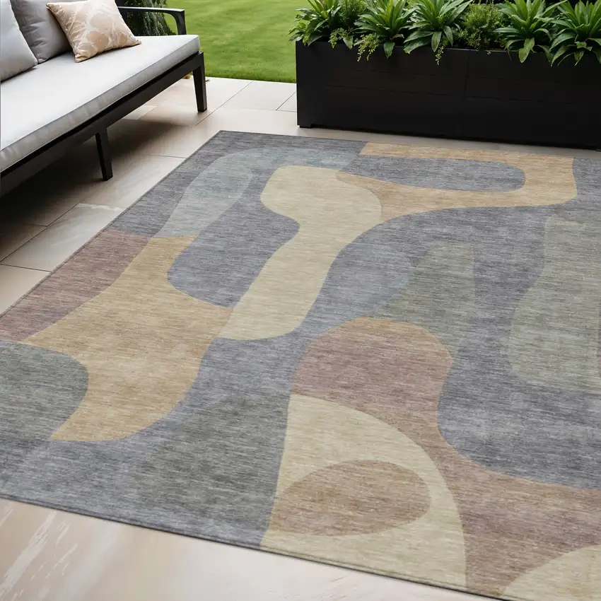 Gray And Gold Abstract Washable Indoor Outdoor Area Rug Photo 2