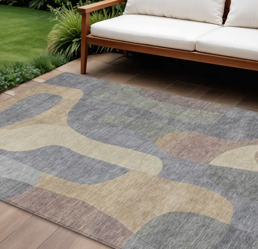 Gray And Gold Abstract Washable Indoor Outdoor Area Rug Photo 2
