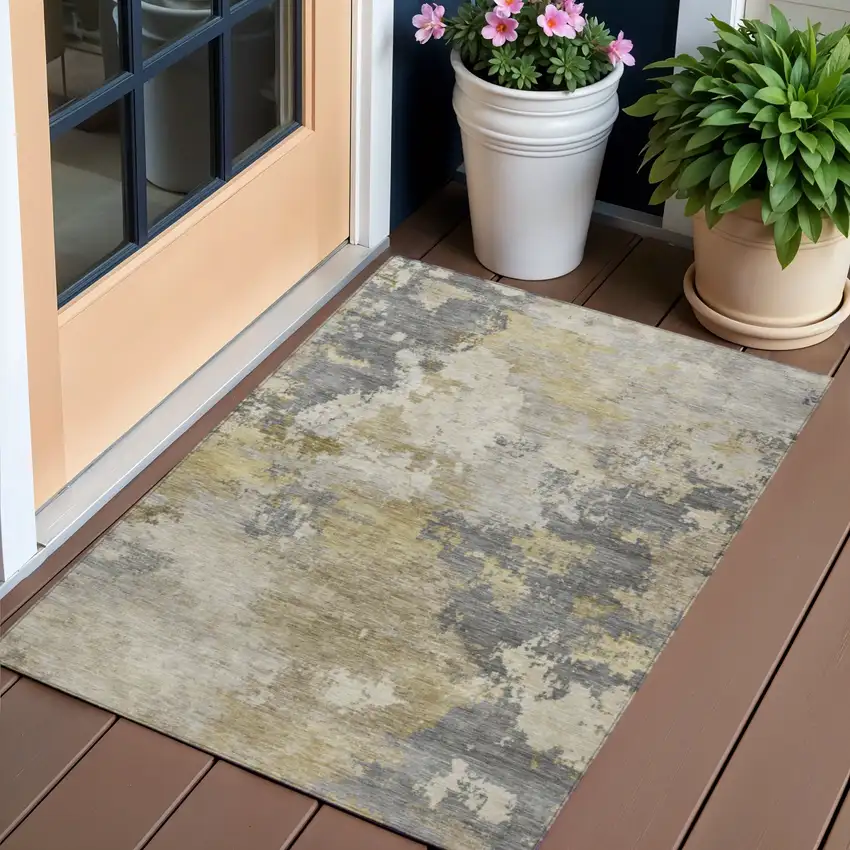 Gray And Gold Abstract Washable Indoor Outdoor Area Rug Photo 1