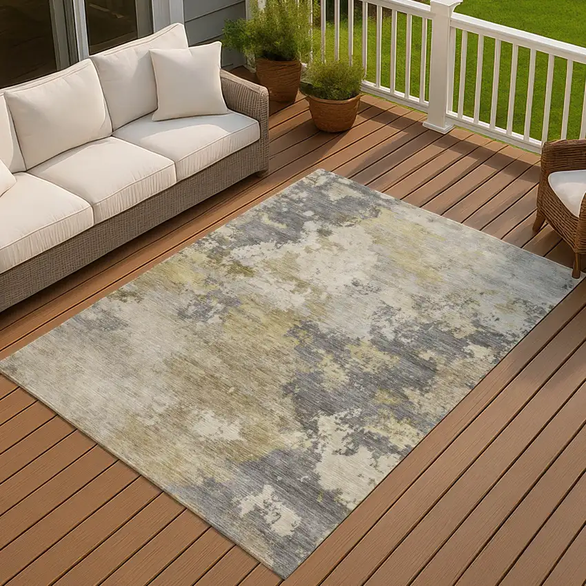 Gray And Gold Abstract Washable Indoor Outdoor Area Rug Photo 4