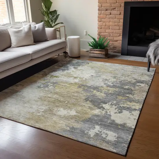 Gray And Gold Abstract Washable Indoor Outdoor Area Rug Photo 6
