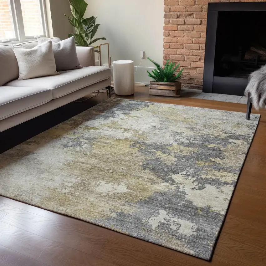 Gray And Gold Abstract Washable Indoor Outdoor Area Rug Photo 6