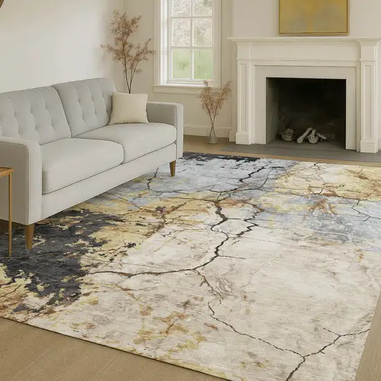 Gray And Gold Abstract Washable Indoor Outdoor Area Rug Photo 6