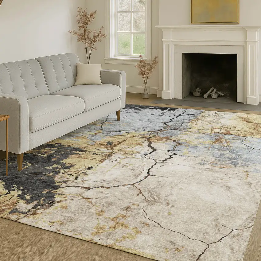 Gray And Gold Abstract Washable Indoor Outdoor Area Rug Photo 6