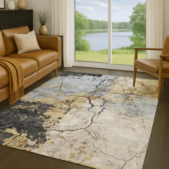 Gray And Gold Abstract Washable Indoor Outdoor Area Rug Photo 5