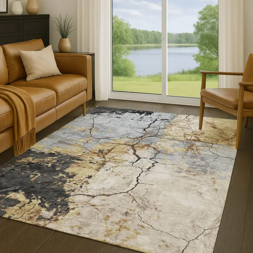 Gray And Gold Abstract Washable Indoor Outdoor Area Rug Photo 5
