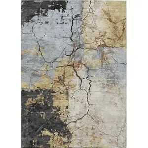 Photo of Gray And Gold Abstract Washable Indoor Outdoor Area Rug