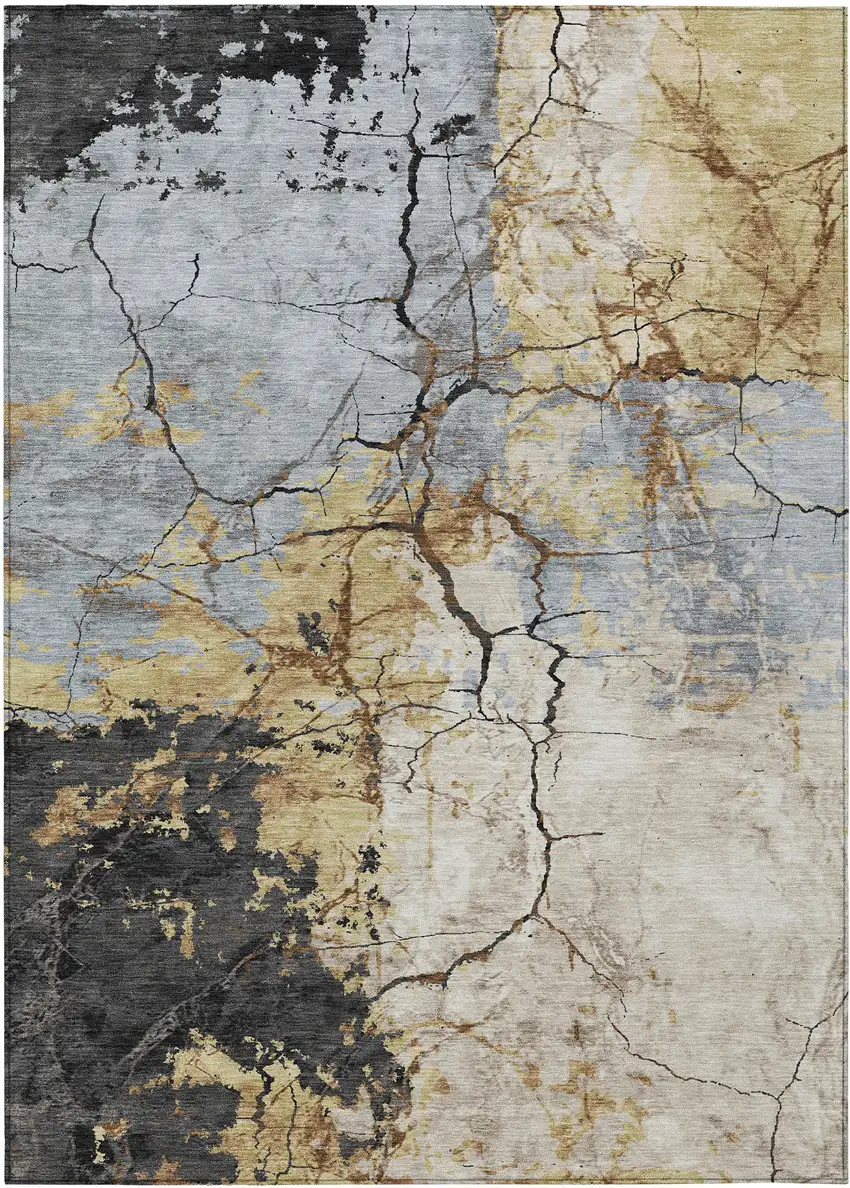 Gray And Gold Abstract Washable Indoor Outdoor Area Rug Photo 1