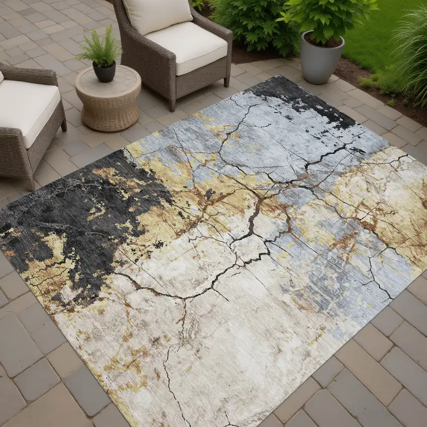 Gray And Gold Abstract Washable Indoor Outdoor Area Rug Photo 7