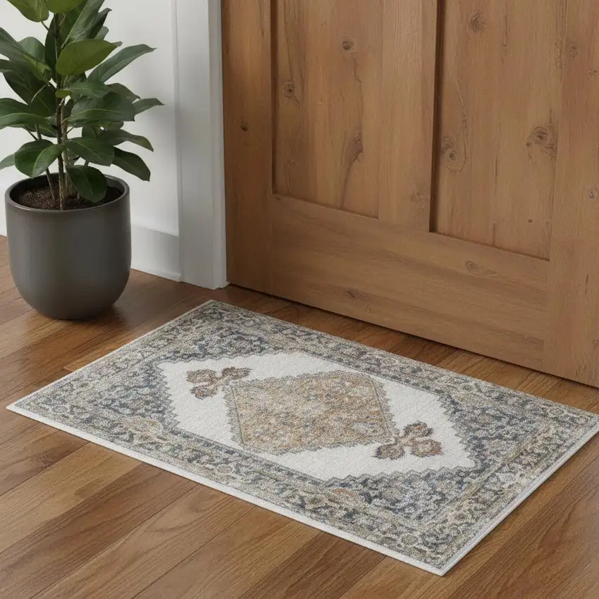 Gray And Gold Floral Medallion Distressed Washable Area Rug Photo 1