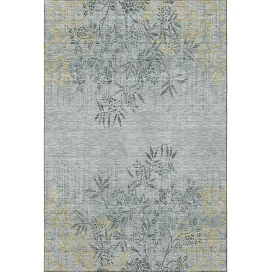 Gray And Gold Floral Washable Area Rug With UV Protection Photo 3