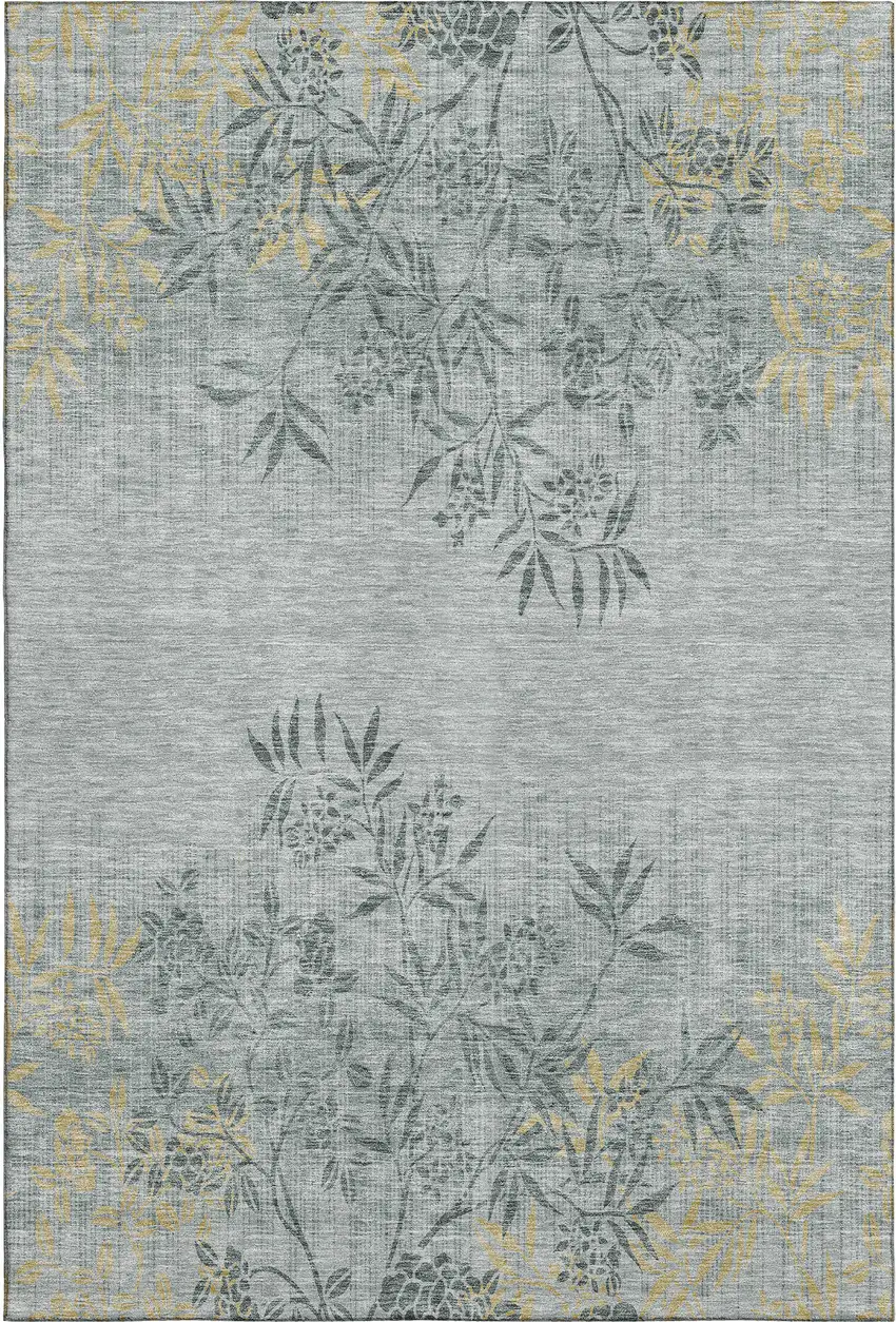 Gray And Gold Floral Washable Area Rug With UV Protection Photo 1