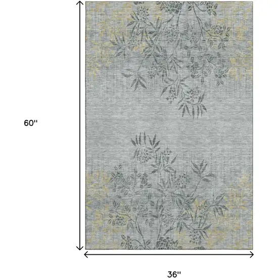Gray And Gold Floral Washable Area Rug With UV Protection Photo 3