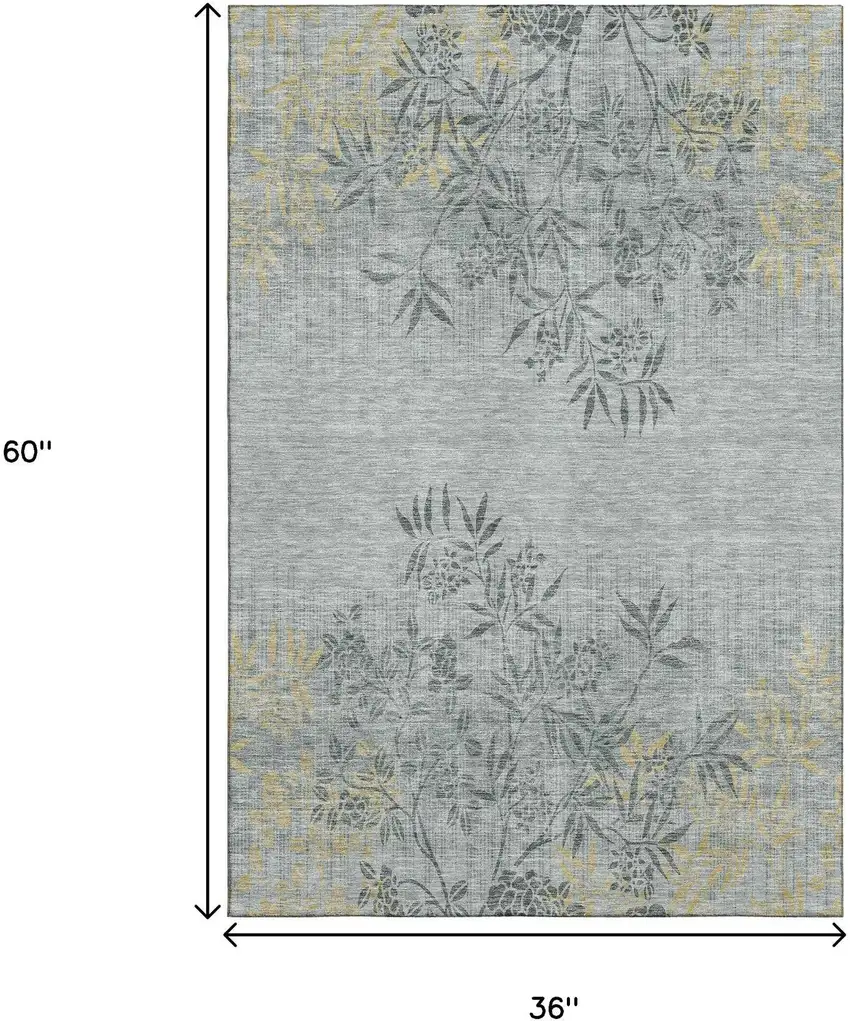 Gray And Gold Floral Washable Area Rug With UV Protection Photo 3