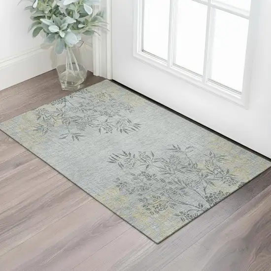 Gray And Gold Floral Washable Area Rug With UV Protection Photo 1