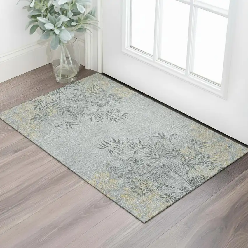 Gray And Gold Floral Washable Area Rug With UV Protection Photo 1