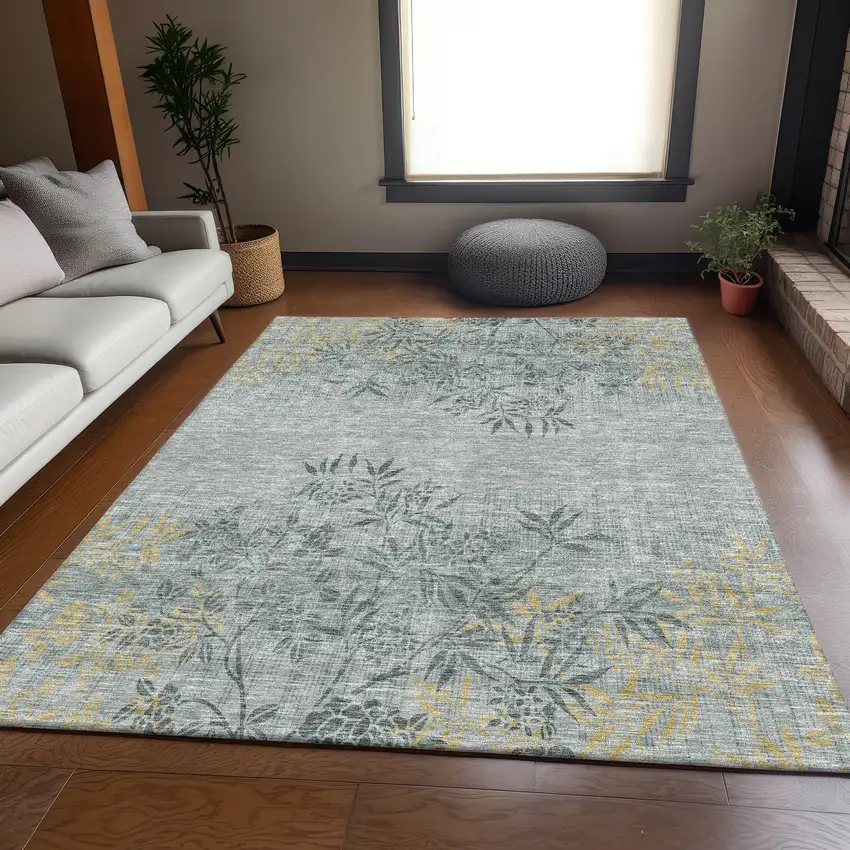 Gray And Gold Floral Washable Area Rug With UV Protection Photo 4