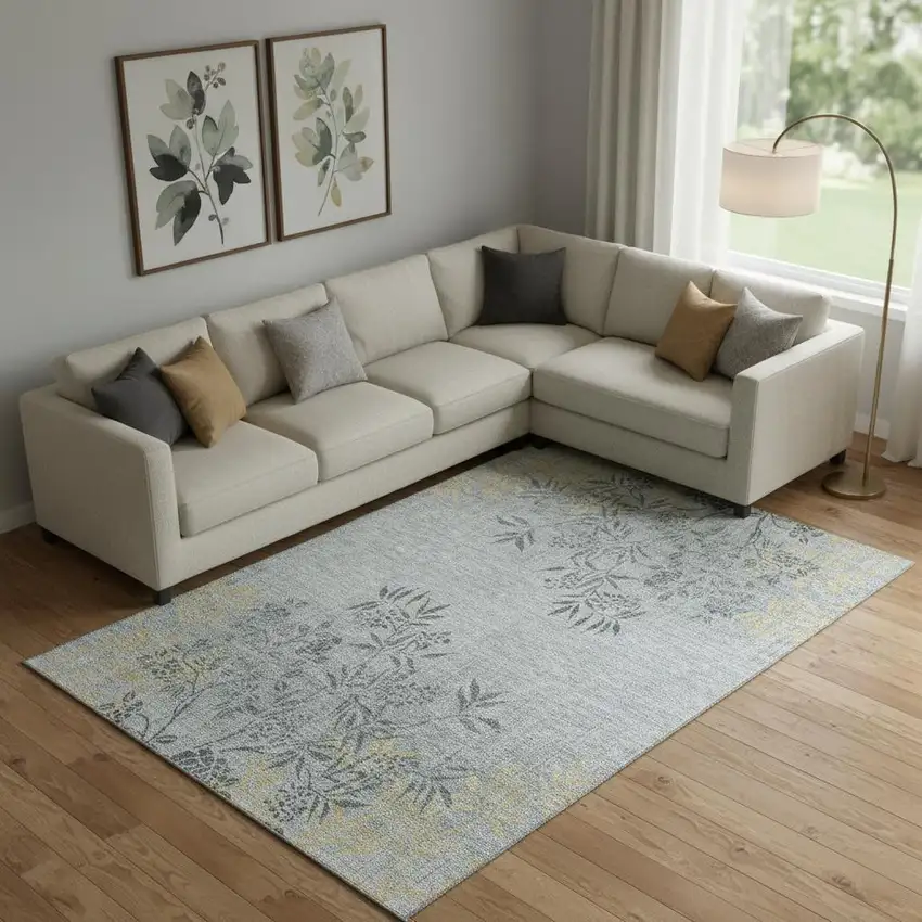 Gray And Gold Floral Washable Area Rug With UV Protection Photo 1