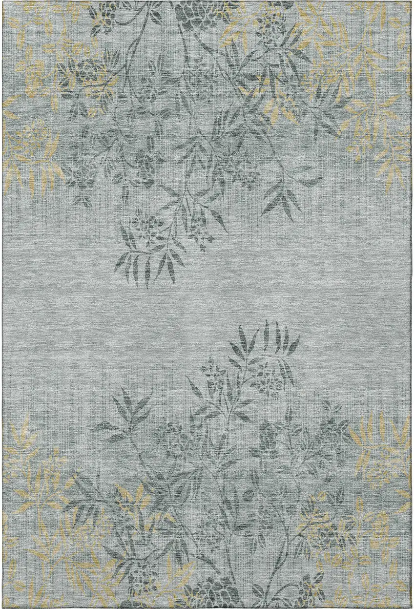 Gray And Gold Floral Washable Area Rug With UV Protection Photo 3