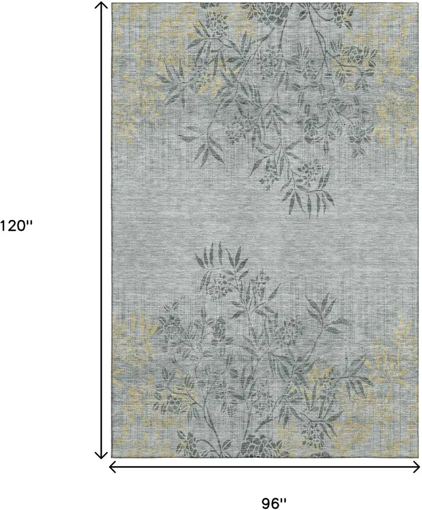 Gray And Gold Floral Washable Area Rug With UV Protection Photo 3