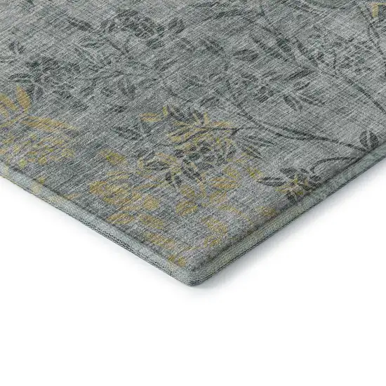 Gray And Gold Floral Washable Area Rug With UV Protection Photo 7