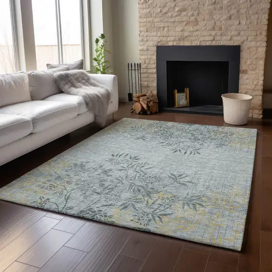 Gray And Gold Floral Washable Area Rug With UV Protection Photo 5