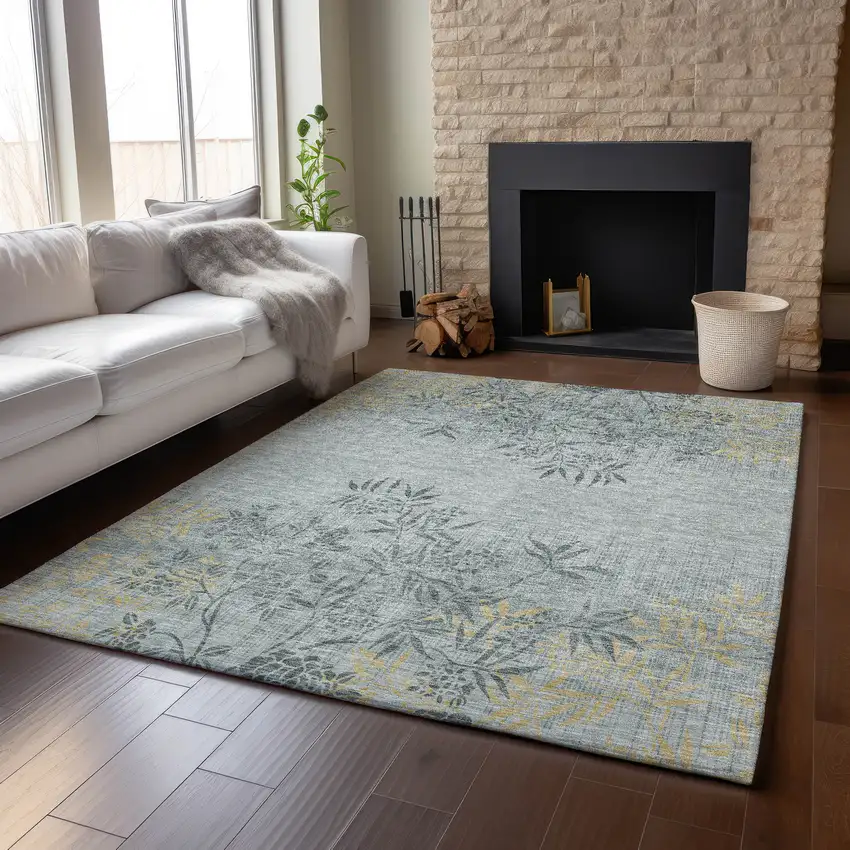 Gray And Gold Floral Washable Area Rug With UV Protection Photo 5