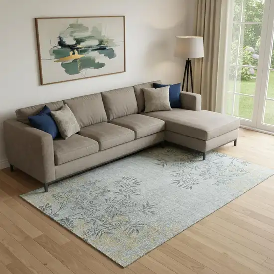 Gray And Gold Floral Washable Area Rug With UV Protection Photo 1