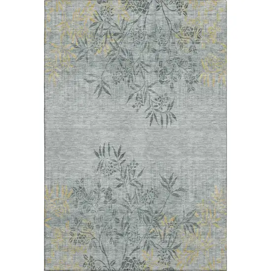 Gray And Gold Floral Washable Area Rug With UV Protection Photo 1