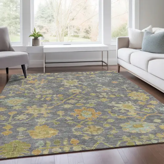 Gray And Gold Floral Washable Indoor Outdoor Area Rug Photo 7