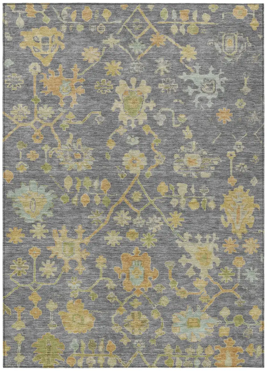 Gray And Gold Floral Washable Indoor Outdoor Area Rug Photo 1