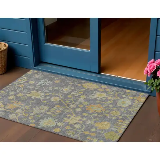 Gray And Gold Floral Washable Indoor Outdoor Area Rug Photo 2