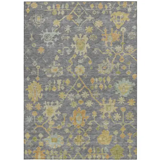 Gray And Gold Floral Washable Indoor Outdoor Area Rug Photo 3