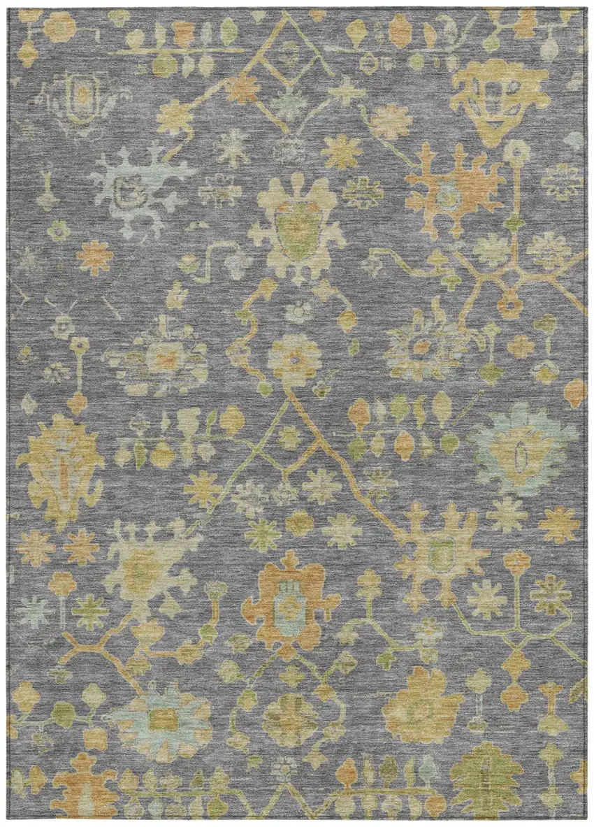 Gray And Gold Floral Washable Indoor Outdoor Area Rug Photo 3