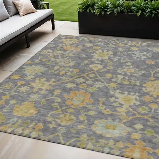 Gray And Gold Floral Washable Indoor Outdoor Area Rug Photo 2