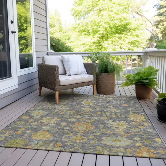 Gray And Gold Floral Washable Indoor Outdoor Area Rug Photo 8