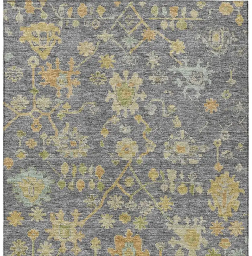 Gray And Gold Floral Washable Indoor Outdoor Area Rug Photo 4