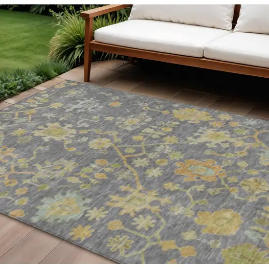 Gray And Gold Floral Washable Indoor Outdoor Area Rug Photo 2