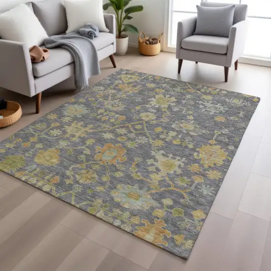 Gray And Gold Floral Washable Indoor Outdoor Area Rug Photo 6